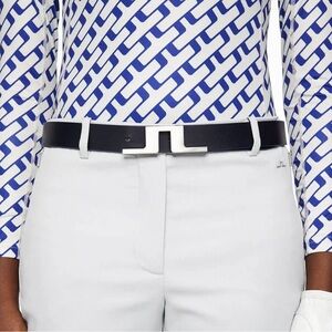 J. Lindeberg Black Leather Belt with Silver Logo Buckle